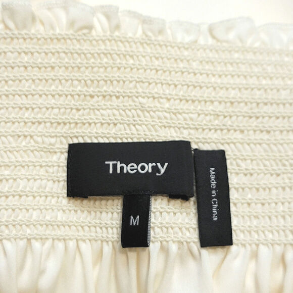 Theory Silk Off The Shoulder Smocked 3/4 Sleeve White Ivory Blouse Size M - Picture 9 of 13